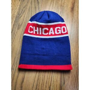 knit beanie features the word "CHICAGO"